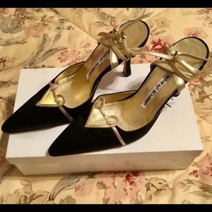 Manolo Blahnik black and gold gladiator heels